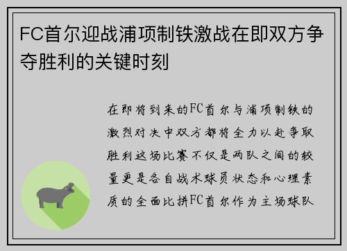FC首尔迎战浦项制铁激战在即双方争夺胜利的关键时刻