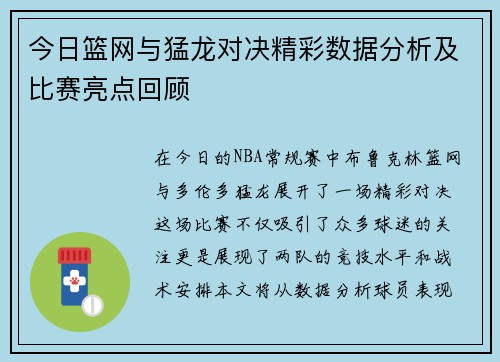 今日篮网与猛龙对决精彩数据分析及比赛亮点回顾